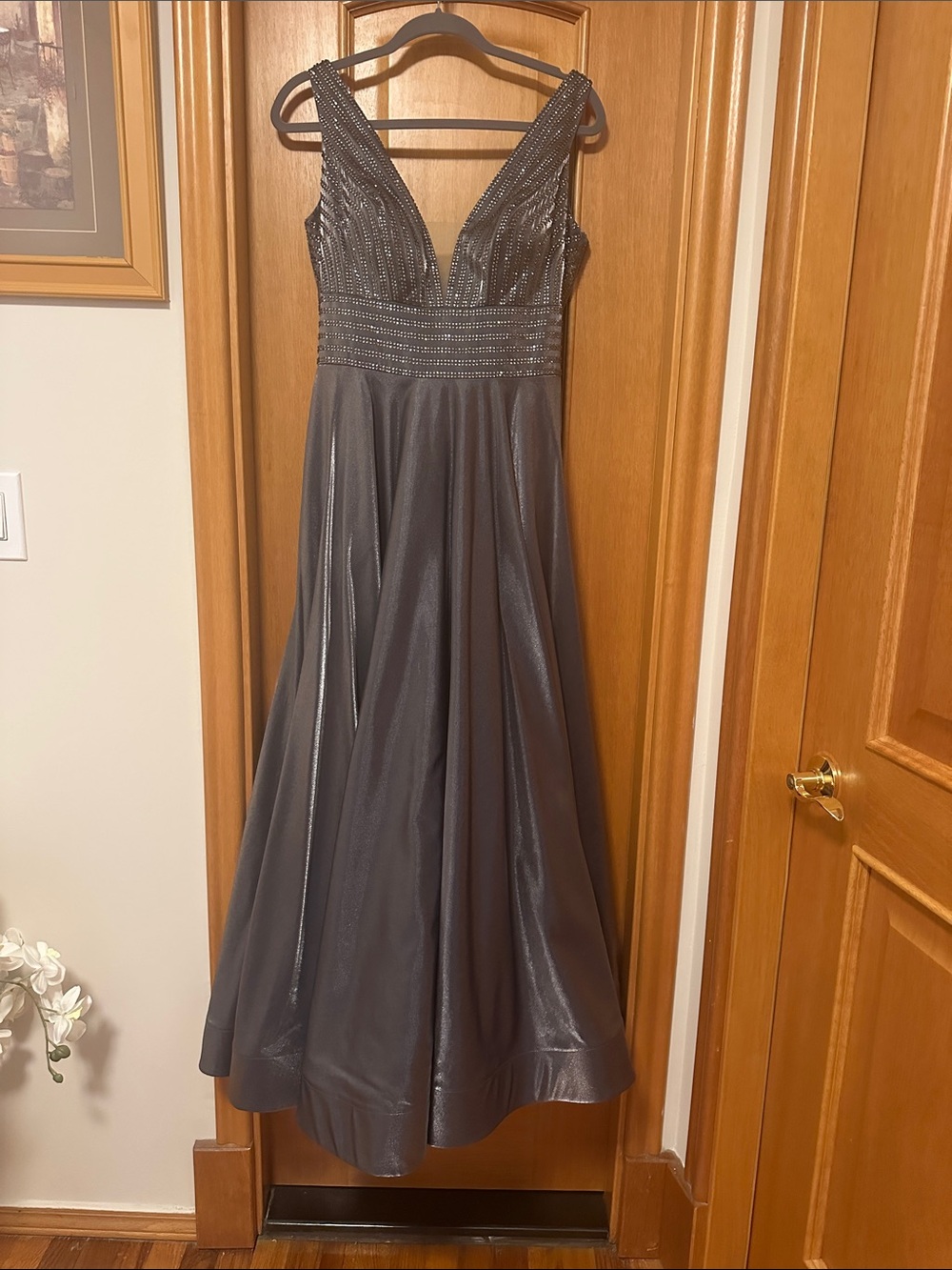 La Femme Gunmetal Gray Beaded V-Neck Evening Gown
